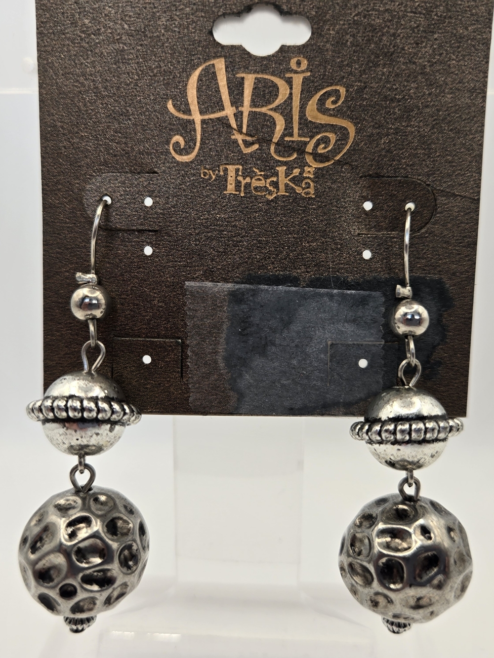 Aris By Treska Silver Tone Dangle Ball Earrings Boho Ethnic Spaceship Crater